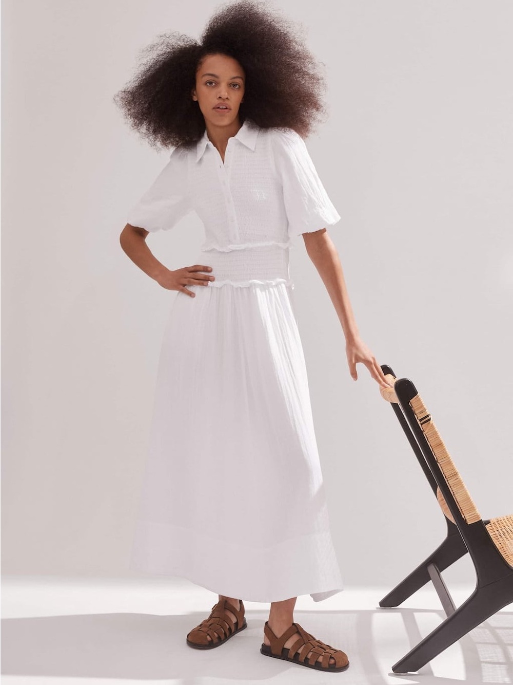 ME+EM Cheescloth Shirred Maxi Shirt Dress White Cotton US 6